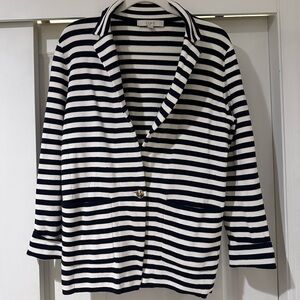 LOFT Navy and White Striped Sweater Blazer, Sz M